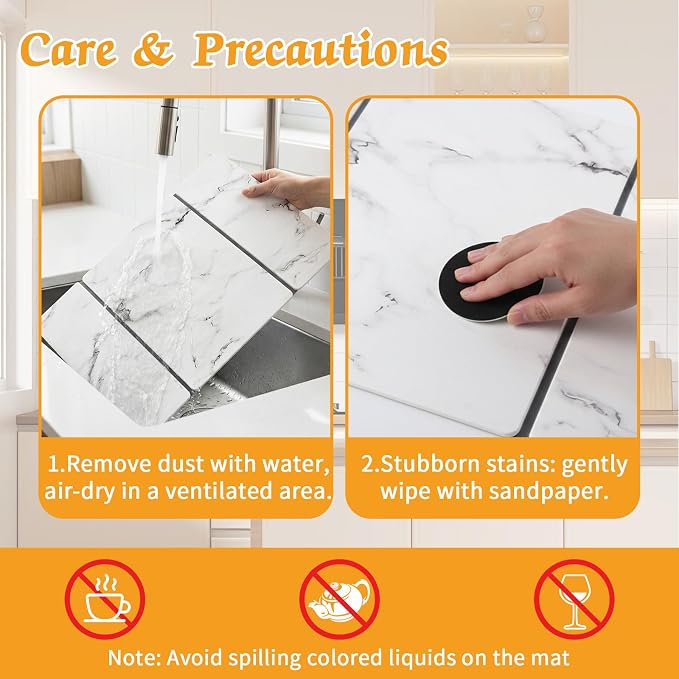 Stone Dish Drying Mat for Kitchen Counter, 24''×15'' Dishes Drying Matt Kitchen Counter, Absorbent Diatomaceous Earth Bath Quick Dry Mats for Tableware, Bottles and Cup(White Marble)