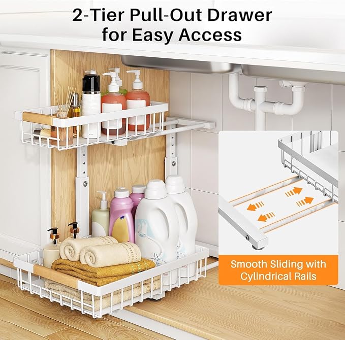 PXRACK Under Sink Organizer, Adjustable Height, 2 Tier Pull Out Under Cabinet Organizer, Slide Out Thickened Metal Under Sink Storage for Kitchen Bathroom Laundry Pantry Cabinet, White, Small-1-Pack