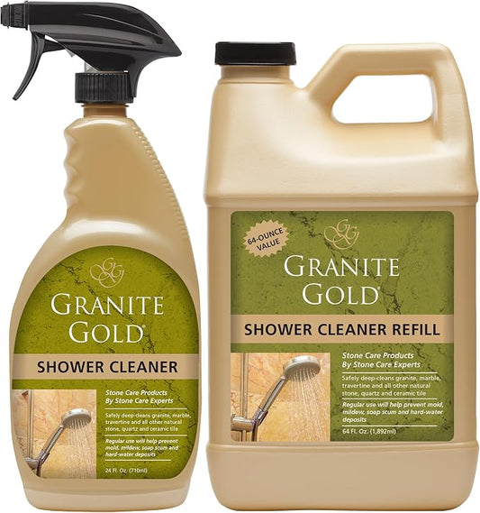 Granite Gold Shower Cleaner Spray for Quartz, Granite, Marble, Ceramic, and Other Stone Tub Surfaces, 64 Fl Oz & 24 Fl Oz
