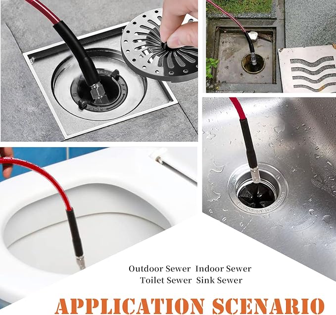 Sewer Jetter Kit for Pressure Washer, 50FT Drain Cleaner Hose 5800PSI with 1/4 Inch NPT Corner, Rotating Nozzle and 4 Different Button Nose Sewer Jet Nozzles, Waterproof Tape and 2 Spanners (Red)