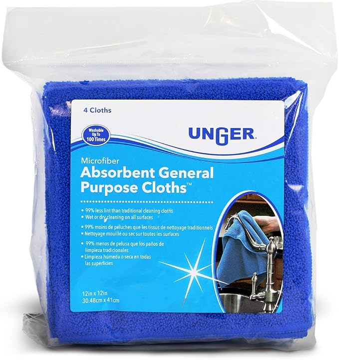 Unger 12” x 12” All-Purpose Microfiber Cloths, 4 Pack, Wet and Dry Cleaning Towels for Kitchen, Furniture, Appliances, Electronics and Glass, Reusable with Less Lint and Streak-Free Results