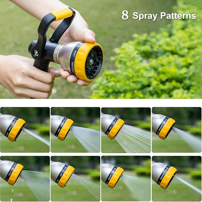FANHAO Fireman Style Garden Hose Nozzle Heavy Duty Metal, 8 Spray Patterns | Large Lever Control, Non-Slip Ergonomic Grip, Rustproof Leakproof, High Pressure Water Hose Sprayer for Garden, Car & Pet