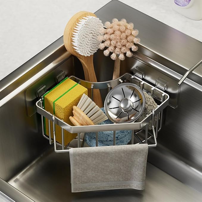 Sink Organizer, Silver Stainless Steel Sponge Holder with Towel Bar, Self-Adhesive Kitchen Storage Rack，Suitable for right-angle sinks