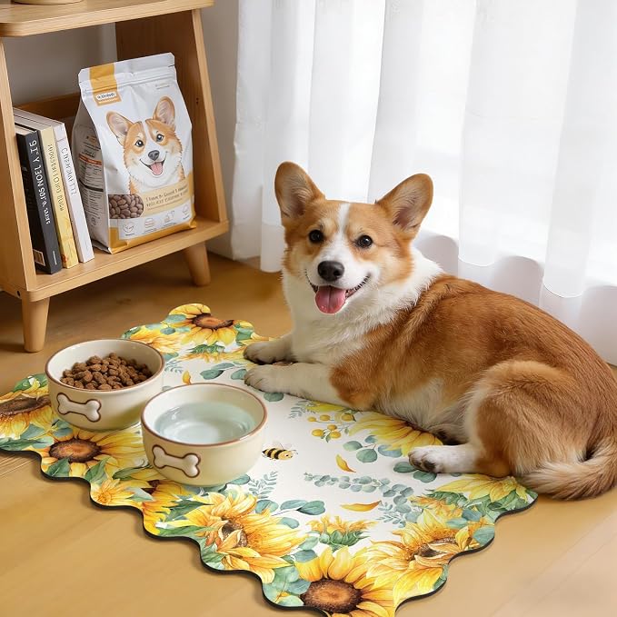 LOKHOM Scalloped Floral Dish Drying Mat, 12"x20" Super Absorbent Coffee Mat with Watercolor Yellow Sunflowers, Cuttable Hide Stain Non-slip Drying Mat for Kitchen Counter Coffee Maker Espresso Machine