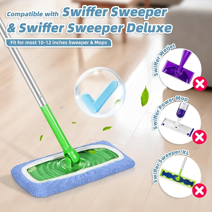4 Pack Reusable Mop Pads Compatible with Swiffer Sweeper Mop (Normal and Deluxe), Microfiber Wet & Dry Sweeping Cloth, Reusable Washable Pads for Floor Cleaning (Blue, Not Include Mop)