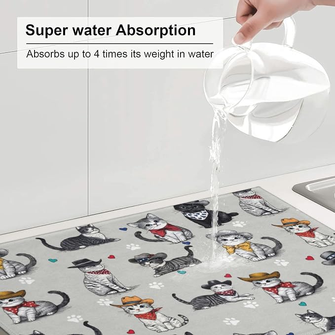 Pet Lover Cat Dish Drying Mat For Kitchen Counter, Super Absorbent Microfiber Dish Drying Pad, Kitchen Gadgets For Easy Clean Multi-Use Large 18"x24"
