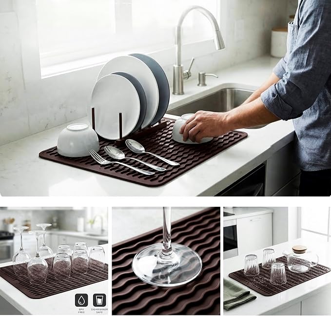 MicoYang Silicone Dish Drying Mat — Quick-Dry Ridges Counter & Sink Pad, Heat-Resistant Trivet to 450°F, Non-Slip & Dishwasher Safe, Roll-Up Storage, 18 Colors & 9 Sizes (Coffee, 16"×12")