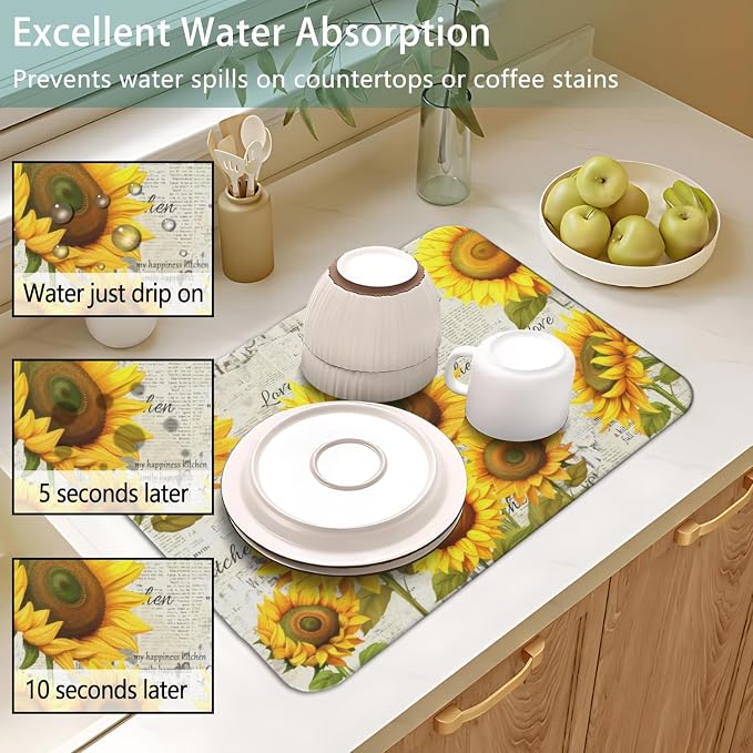 Dish Drying Mat 2-Pack in Sunflower News for Kitchen Counter Dishes Mat | Diatom Mud Mats (18x24, 19.5x12"). Non-slip rubber back for kitchen counter, coffee bar & sink scenes