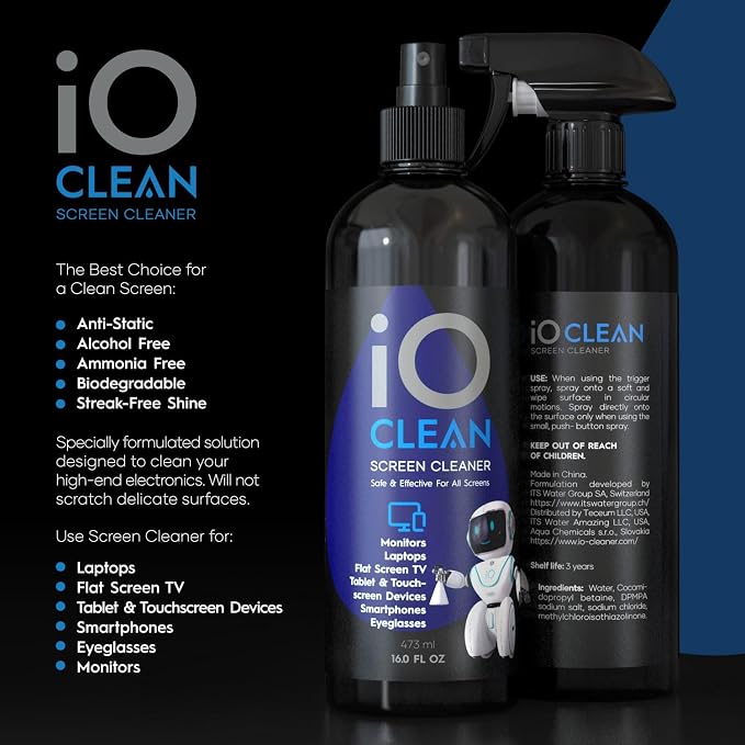 Screen Cleaner Spray (16oz - 473ml) – Large Cleaning Kit | for LCD LED OLED TV Smartphone, iPad, Laptop, Touchscreen, Computer Monitor, Electronic Devices 3 Cloths and 2 Nozzles