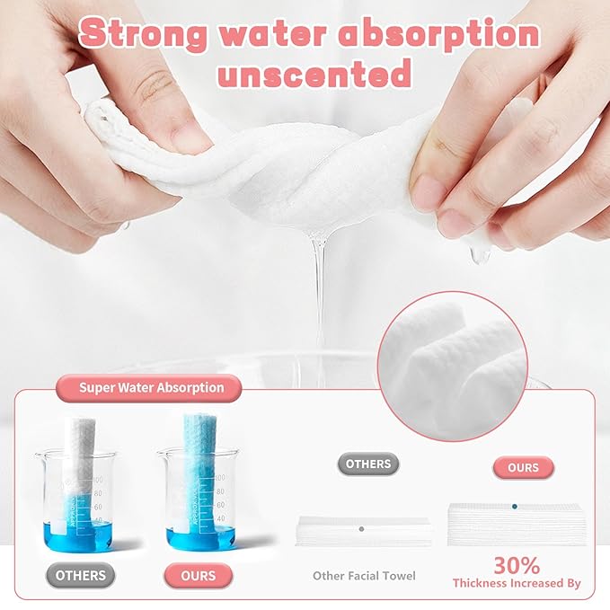 100 Count Disposable Face Towel, Ultra Soft & Thick Washcloths, Biodegradable Facial Towels for Sensitive Skin, Makeup Remover Dry Wipes, Lint-Free Towelettes for Cleansing (6 Pack)
