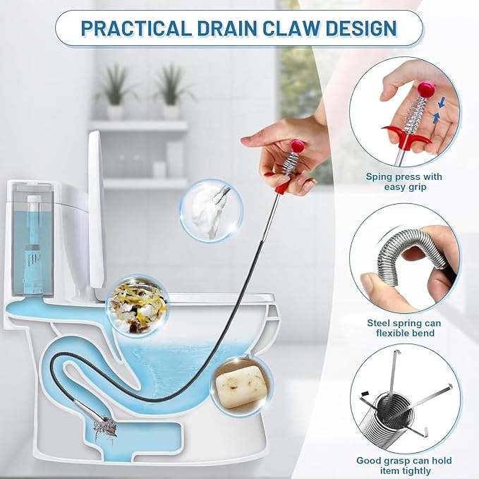 76 Inch Drain Snake Upgraded Ergonomic Grip – Toilet Snake Flexible Grabber Claw for Clog Remover & Pick Up Small Items