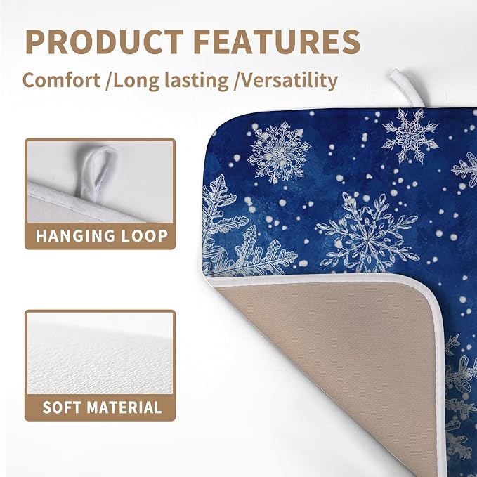 Winter Blue Snowflake Dish Drying Mat for Kitchen Counter Merry Christmas Snowflakes Drying Mats Xmas Holiday Dish Draining Mat Microfiber Absorbent Dish Drainer Rack Pad 16x18 Inch