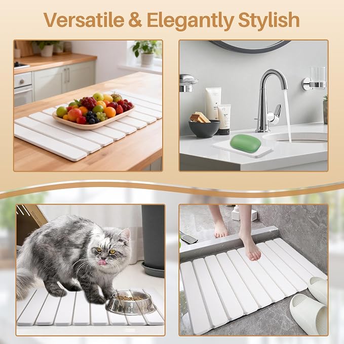 2 PCS Quick Dry Stone Dishes Mats for Kitchen Counter,Collapsible Quick Drying Dish Mats,Ultra Absorbent Diatomaceous Earth Mats for Dishes Bottles Cups, Match Any Countertop（White 24"×16"& 8"x4"）