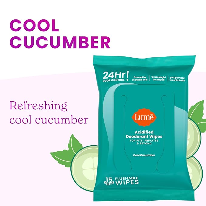 Lume Acidified Deodorant Wipes - 24 Hour Odor Control - Aluminum Free, Baking Soda Free, Skin Loving - 15 Count (Pack of 3) (Cool Cucumber)