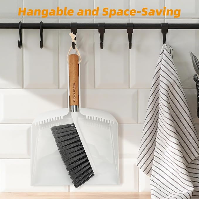Small Broom and Dustpan Set, Multipurpose Dustpan and Brush Set with Wood Handle Teeth,13 x 8.7 inch, Hangable Portable Cleaning for Kitchen, Desktops, Bedroom, Pet Care, Camping, White,1 Set