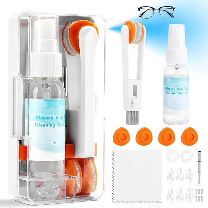 Glasses Cleaner Eyeglass Cleaning Kit with Anti Fog Spray, Microfiber Cloth | Streak-Free Cleaning Pads，Lens Wipes for Sunglasses Camera Lenses, Includes Screwdriver, Nose Pads, Ear Grips, Storage Case