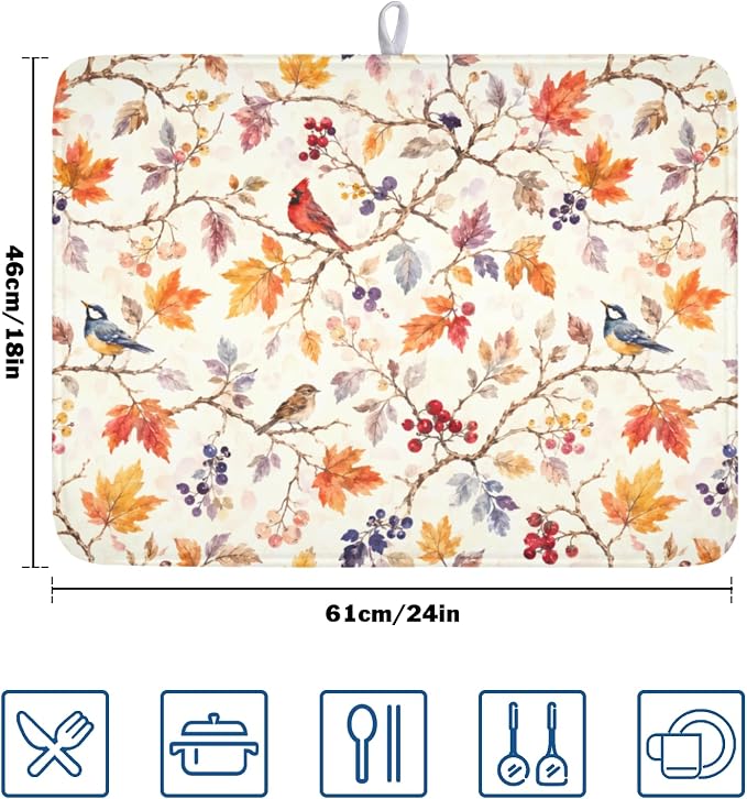 Fall Dish Drying Mat for Kitchen Counter Autumn Harvest Watercolor Maple Leaves Birds Dish Drainer Mat Rustic Farmhouse Absorbent Washable Drying Pad 18"x24"