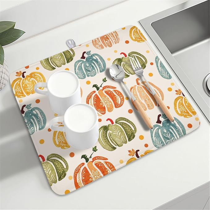 Fall Dish Drying Mat for Kitchen Counter 16 x 18 Inch Colorful Pumpkin Dish Drainer Mat Absorbent Microfiber Autumn Thanksgiving Harvest Dish Rack Pad for Coffee Dining Bar Decor
