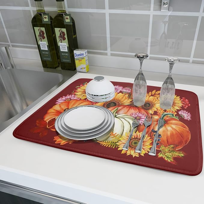 Fall Dish Drying Mat for Kitchen Counter Autumn Pumpkin Sunflowers Thanksgiving Microfiber Absorbent Dish Draining Reusable Washable Foldable Extra Large 18"x24"