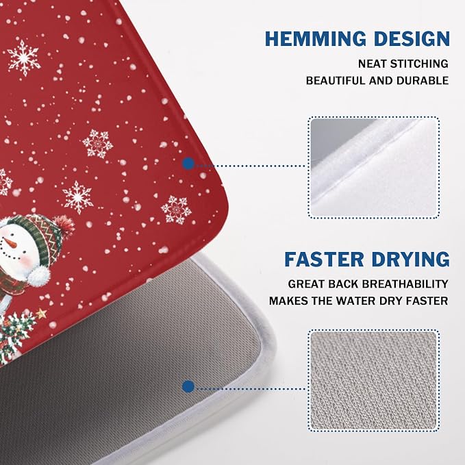 Christmas Snowman Dish Drying Mat for Kitchen Counter 18x24 Inch | Red Xmas Theme Trees Snowflake Pattern Dish Drainer Mat Rustic Winter Holiday Absorbent Washable Drying Pad