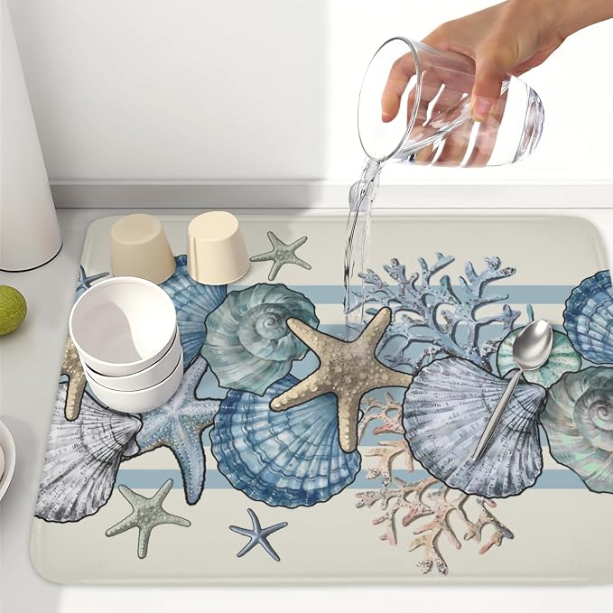 Nautical Coastal Dish Drying Mat for Kitchen Counter Summer Beach Seashell Starfish Microfiber Dish Drainer Mat Ocean Blue Pattern Absorbent Washable Drying Pad Extra Large 18"x24"