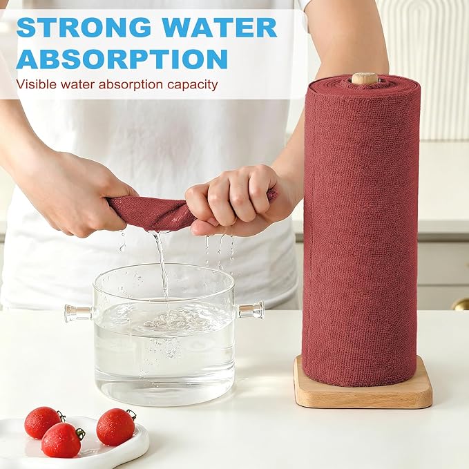 Puomue 55 Pack Microfiber Cleaning Cloth Roll, Tear Away Reusable Paper Towels, 11" X 9", Ultra Absorbent & Lint Free Microfiber Cloth for Cleaning Cars, Kitchen, Window, Home and Shop, Burgundy Red