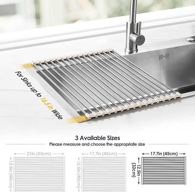 Tomorotec 17.7" x 12.5" Roll Up Dish Drying Rack Over Sink Drying Rack Sink Cover Kitchen Sink Accessories Gadget Multipurpose Organizer Foldable Stainless Steel Drainer