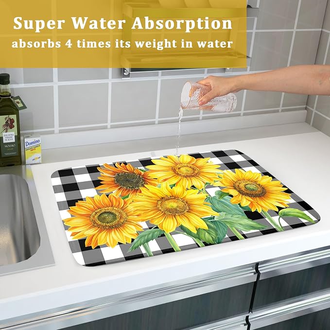 Sunflower Dish Drying Mat for Kitchen Counter Watercolor Black White Plaid Microfiber Absorbent Dish Draining Reusable Washable Foldable Extra Large 18"x24"