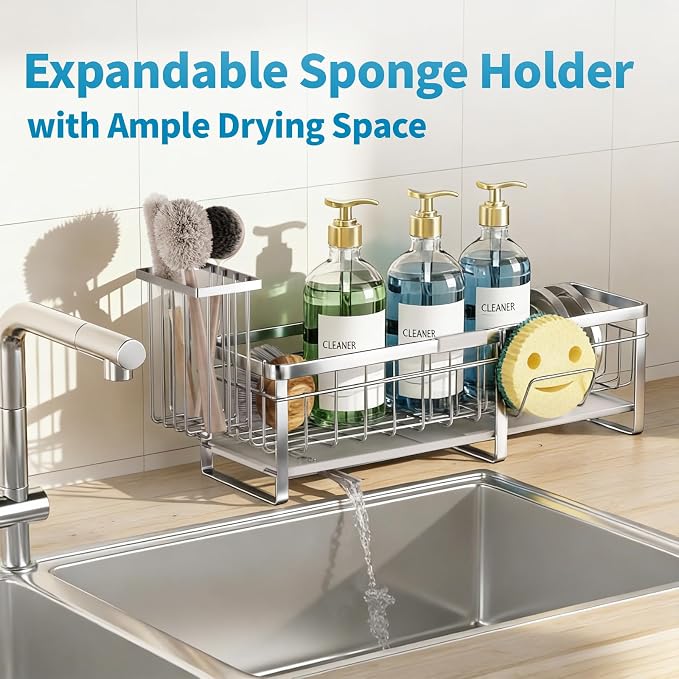 Aurblozen Extra Large Extendable Sponge Holder for Kitchen Sink, Rustproof Sink Caddy Organizer with High Brush Holder, Dish Soap Dispenser Organizers and Storage (Stainless Steel)
