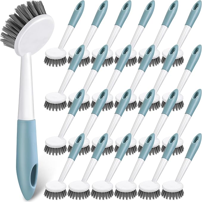 Patelai 48 Pack Kitchen Scrub Dish Brush with Long Handle Dish Scrubber with Stiff Bristles Scrub Brushes for Kitchen Dishes Washing Tools, Pots, Pans and Sink Cleaning (Celadon)