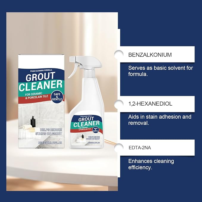 Grout Cleaner Spray 8 fl.oz, Foam for Ceramic & Porcelain Tile | Foam formula for tile grout, kitchen, bathroom & shower; helps remove stains & dirt; includes cleaning cloth; 8 fl.oz