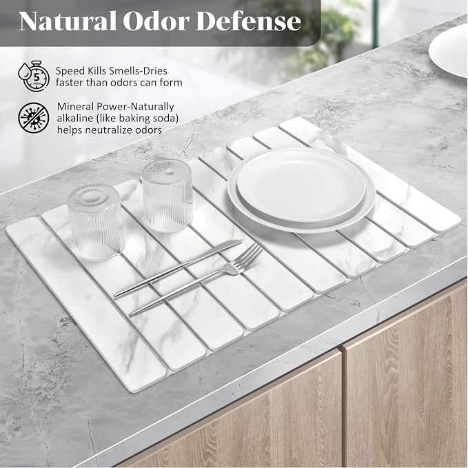 Large Stone Dish Drying Mats for Kitchen Counter, 24"(L)×16"(W) Marble-Pattern, Fast Drying Collapsible Dish Drying Mat, Eco-Friendly Absorbent Diatomaceous Earth Mats for Tableware, Match Countertop