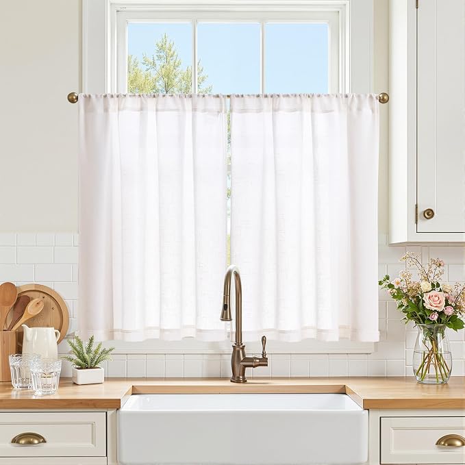 jinchan Linen Kitchen Tier Curtains, 38x36, 2 Panels, Beige White | Light filtering, linen blend, rod pocket, farmhouse style, rustic decor, kitchen, bathroom, laundry room, RV, small windows