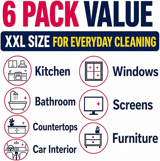 6Pcs XXL Genie Magic Cleaning Cloth, Microfiber Cleaning Cloths | Reusable, Lint-free and Streak-free Cloths for Mirrors, Windows, Kitchens, Bathrooms, Cars & Screens