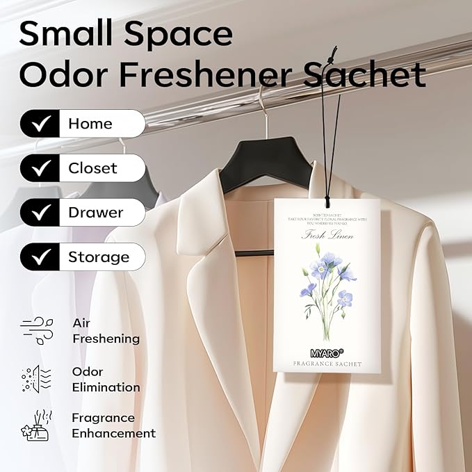 MYARO 12 Pack Fresh Linen Scented Sachets, Closet Deodorizer Car Freshener | Long-Lasting Sachet Bag, Odor Eliminator for Closet, Drawer, Bathroom, Clothes, Fabric Refresher, Home Fragrance Gift Set