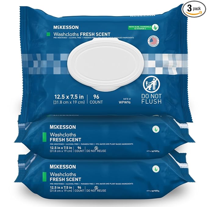 McKesson Washcloth Wipes, Scented, Adult Wet Wipes, 3 Pack, 288 Washcloths | Washcloths Disposable Wash Cloths for Body, Disposable Wet Wipes for Adults, Alcohol-Free, No-Rinse Formula