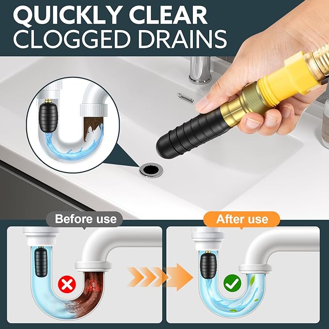 3-Pack Drain Bladder Kit, Water-Powered Rubber Drain Cleaning Bladder, Fits 1 to 6 Inch Pipes, Ideal for Clearing Bathroom Sinks, Showers, Swimming Pool Drains, Kitchen Sinks and Main Drains Clogs