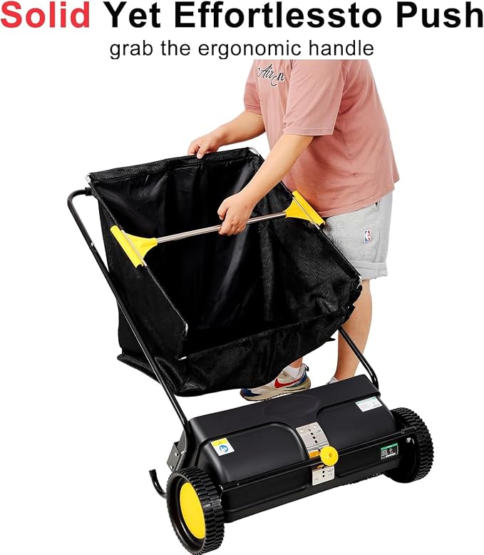 26" Hand-Push Lawn Sweeper | 4 Heavy-Duty Brushes & Wheels, Adjustable Height, 3.5 FT Large Hopper | for Efficient Leaf and Grass Collection in Lawns, Yards, Gardens (Black+26 Inch)