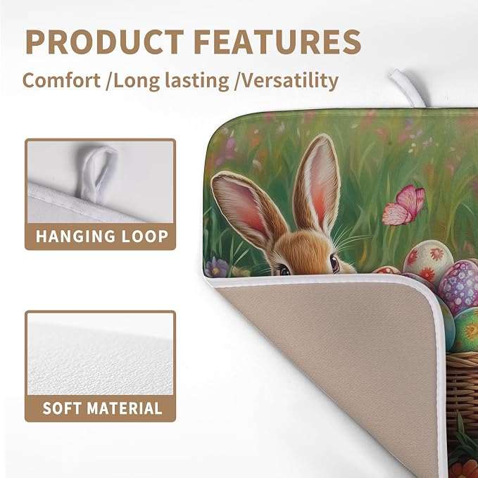 Easter Bunny Eggs Dish Drying Mat for Kitchen Counter 16x18 Inch Spring Easter Rabbit Flowers Drying Mat Microfiber Dish Drainer Rack Mats Absorbent Reversible Dishes Pad Dish Dryer Mat