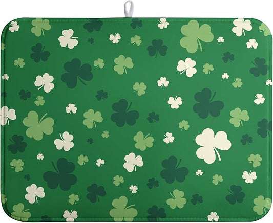Green Shamrock St. Patrick's Day Dish Drying Mat for Kitchen Counter Lucky Clover large Dish Drying Pad Absorbent Reversible Microfiber Draining Pad Washable Drying Mats 18x24 Inch