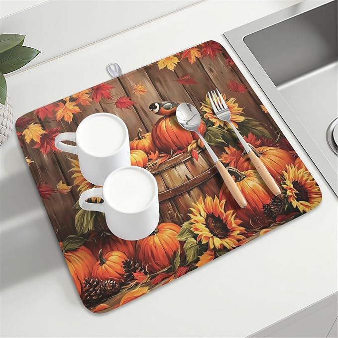 Fall Pumpkin Dish Drying Mat for Kitchen Counter Thanksgiving Autumn Harvest Pumpkin Microfiber Dish Drainer Mat Rustic Farmhouse Absorbent Washable Drying Pad 16"x18"