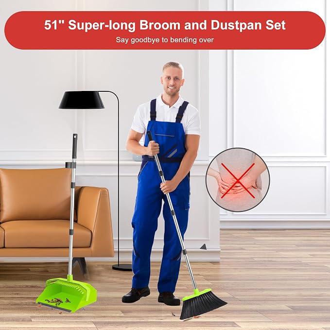 Broom and Dustpan Set for Home, 51" Long Handle Standing Pan Light Green | Self-Cleaning Dust Pan and Brooms, ZeroGap Lip, Upright Storage Broom Combo for Kitchen Lobby Office Restaurant Indoor