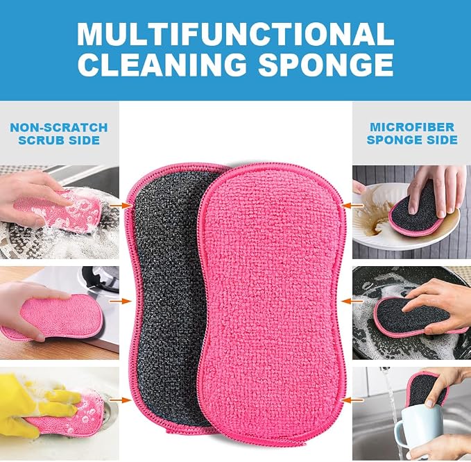 HOMEXCEL 12 Pack Multi-Purpose Scrub Sponges Kitchen Dish Sponge Non-Scratch Microfiber Sponge for Efficiently Cleaning Dishes Pots Pans, Pink