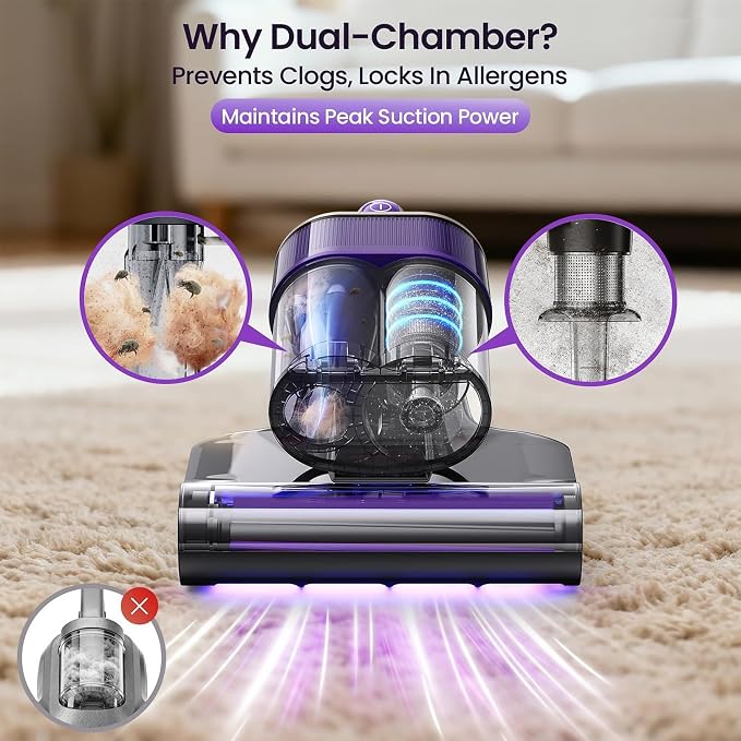 Maircle Mattress Vacuum Cleaner with UV Light, Bed Vacuum with Dust Detection, 16KPa Handheld Vacuum with LED Display, 40,000 Beats/Min Tapping, 150°F Heat, HEPA Filter for Bed, Couch