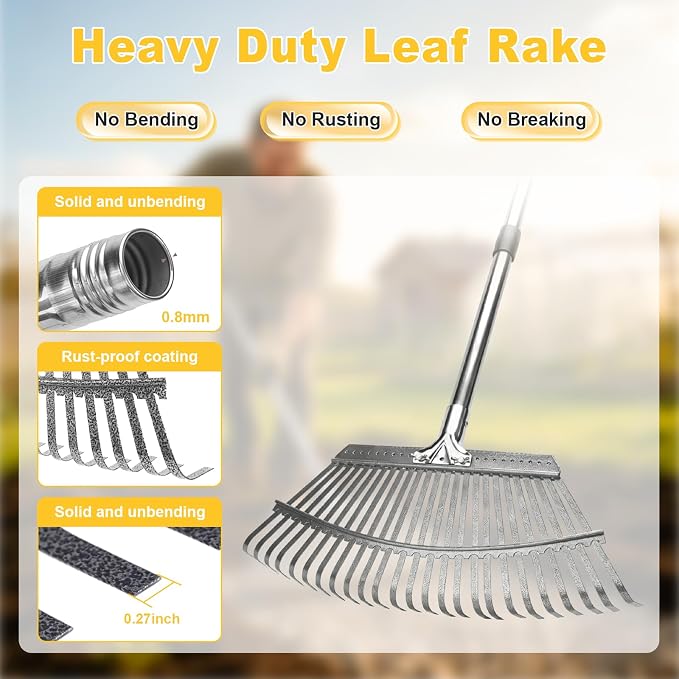 18-Inch Wide Heavy Duty Adjustable Yard Leaf Rake with 62-Inch Long Handle | Large Metal Leaf Rake, Rastrillo para Jardin for Lawn Yard Grass, Flower Beds, Outdoor Use