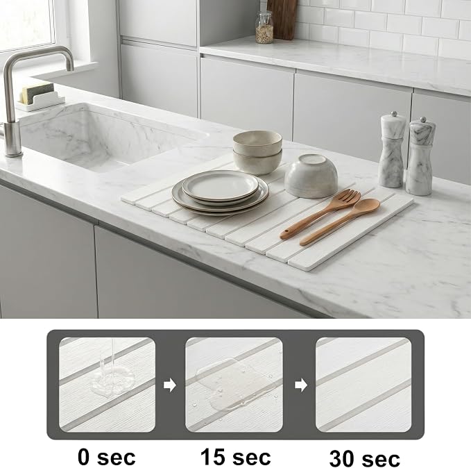 Stone Dish Drying Mat for Kitchen Counter – Large 24"×16" Instant-Dry Diatomaceous Earth Drying Mat, Foldable Quick-Dry Dish Drying Pad, Kitchen Mat