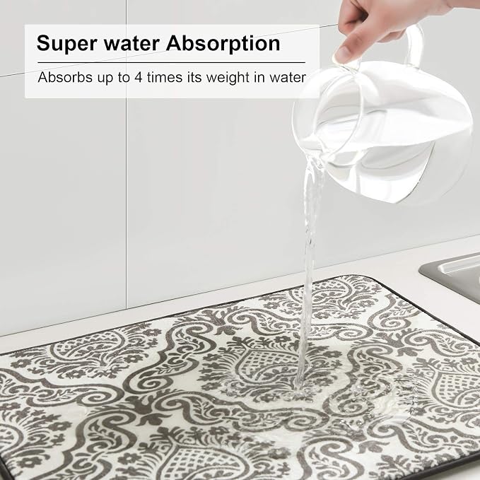 Subekyu Dish Drying Mats for Kitchen, Ultra Absorbent Microfiber Drying Mat, Dishes Drainer Pads 2 Pack, 19 by 15 Inch (Floral Vine)
