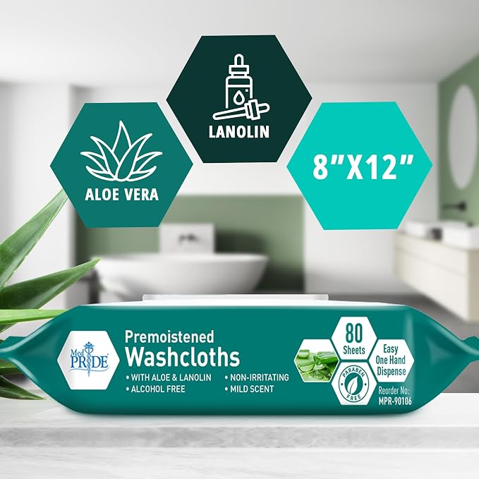 MED PRIDE XL Premoistened Adult Washcloths 8x12 in,Sensitive Skin,80 Count
