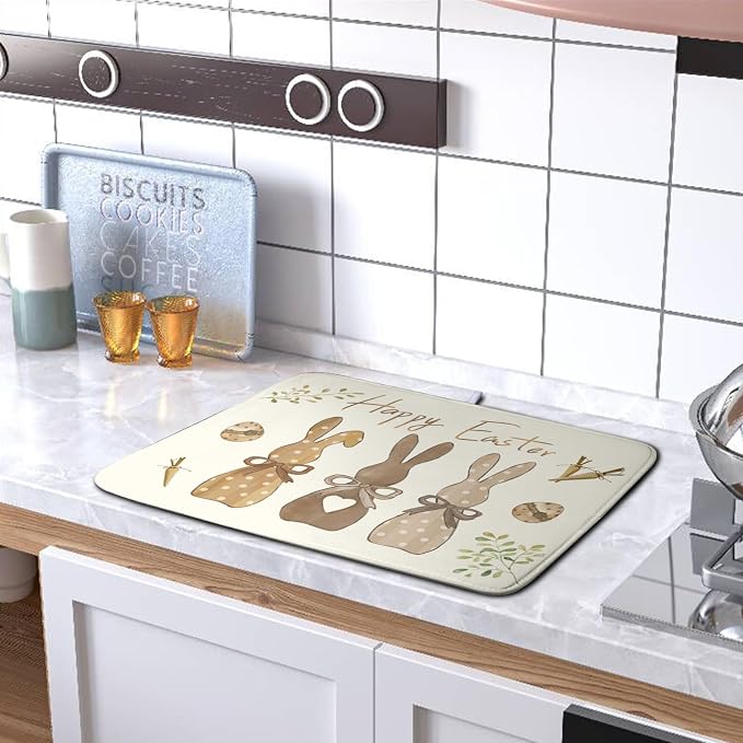 Happy Easter Bunny Dish Drying Mat Rabbits Egg Carrot Dish Pad for Kitchen Counter 16x18 Inch Microfiber Absorbent Spring Bufflao Plaid Dish Draining Mat Reusable Washable Dish Drainer Rack Mat