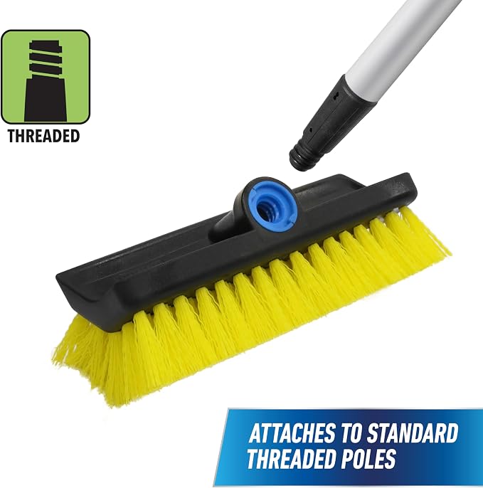 Unger Hydropower Lock-On 10" Bi-Level Scrub Brush | Dual-level bristles for deep scrubbing; ideal for garage, driveway, deck, concrete & brick